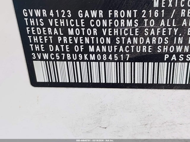 44640791 :رقم المزاد ، 3VWC57BU9KM084517 vin ، 2019 Volkswagen Jetta 1.4t R-line/1.4t S/1.4t Se مزاد بيع