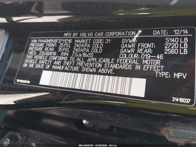 44640794 :رقم المزاد ، YV440MDK6F2711216 vin ، 2015 Volvo Xc60 T5 Premier مزاد بيع