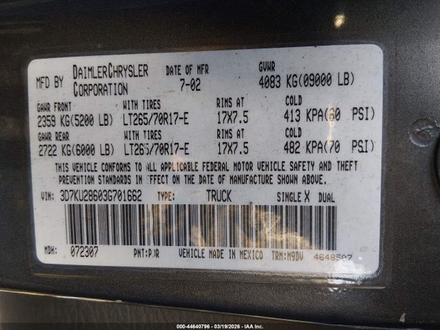 2003 Dodge Ram 2500 Slt/laramie/st მანქანა იყიდება აუქციონზე, vin: 3D7KU28603G701662, აუქციონის ნომერი: 44640796