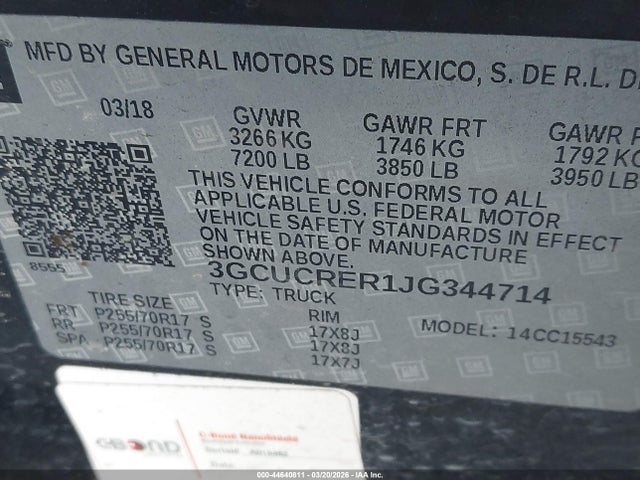 Aukcja sprzedaży 2018 Chevrolet Silverado 1500 1lt, vin: 3GCUCRER1JG344714, numer aukcji: 44640811