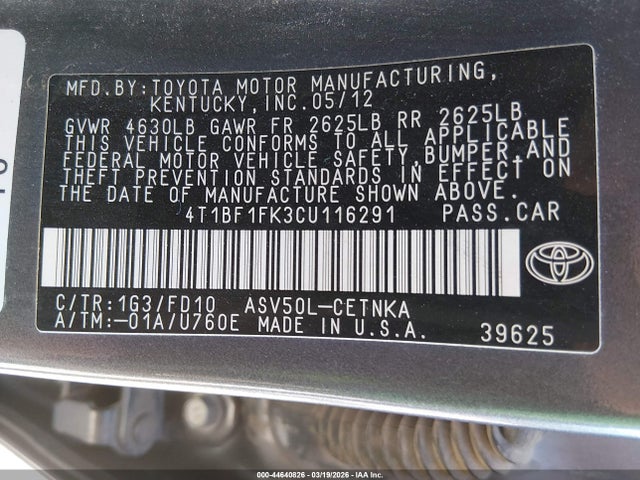 Продажа на аукционе авто 2012 Toyota Camry Le, vin: 4T1BF1FK3CU116291, номер лота: 44640826