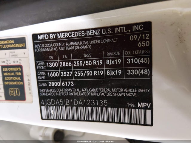 Aukcja sprzedaży 2013 Mercedes-benz Ml 350, vin: 4JGDA5JB1DA123135, numer aukcji: 44640828