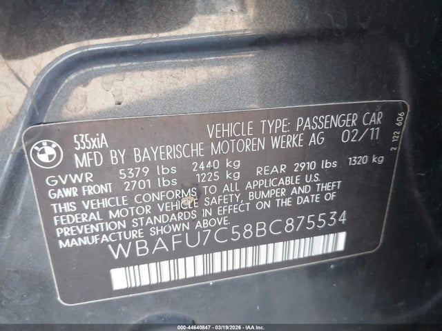 Aukcja sprzedaży 2011 Bmw 535i Xdrive, vin: WBAFU7C58BC875534, numer aukcji: 44640847