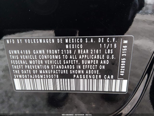 44640853 :رقم المزاد ، 3VWD67AJ9GM290078 vin ، 2016 Volkswagen Jetta 1.4t Se مزاد بيع
