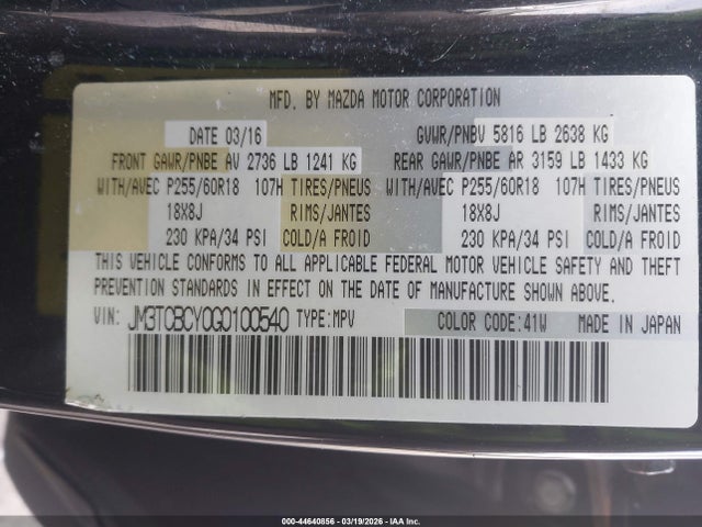 Aukcja sprzedaży 2016 Mazda Cx-9 Touring, vin: JM3TCBCY0G0100540, numer aukcji: 44640856