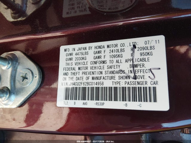 2011 Acura Tsx 2.4 მანქანა იყიდება აუქციონზე, vin: JH4CU2F62BC014958, აუქციონის ნომერი: 44640857