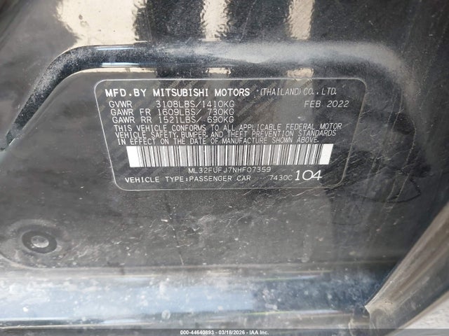 Aukcja sprzedaży 2022 Mitsubishi Mirage G4 Black Edition/es/le, vin: ML32FUFJ7NHF07359, numer aukcji: 44640893