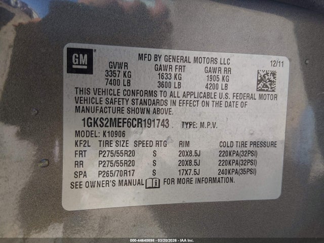 Продажа на аукционе авто 2012 Gmc Yukon Xl 1500 Denali, vin: 1GKS2MEF6CR191743, номер лота: 44640898
