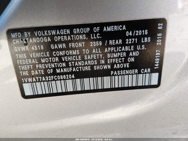 Aukcja sprzedaży 2015 Volkswagen Passat 1.8t Limited Edition, vin: 1VWAT7A32FC086204, numer aukcji: 44640919