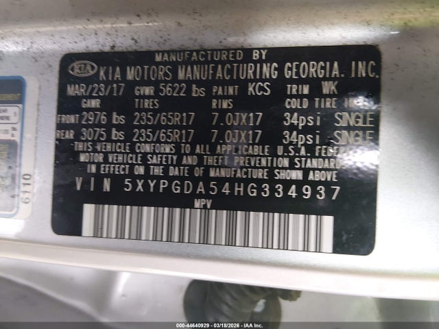 5XYPGDA54HG334937 KIA Sorento 3.3l Lx