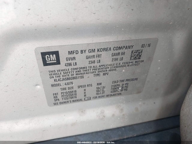 2016 Buick Encore მანქანა იყიდება აუქციონზე, vin: KL4CJASB6GB651155, აუქციონის ნომერი: 44640933