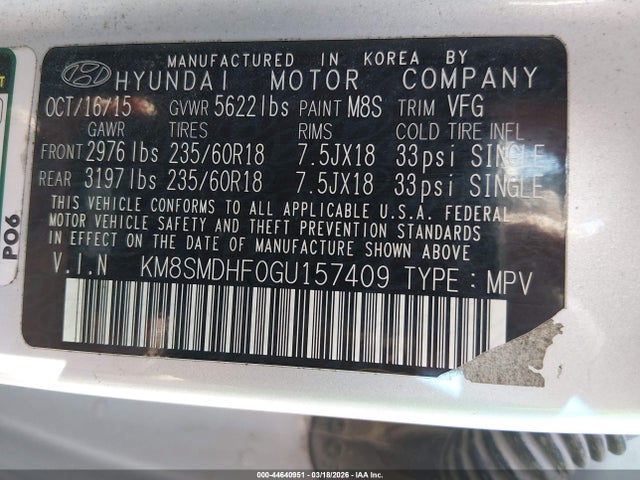 Hyundai Santa Fe Se 2016 KM8SMDHF0GU157409 Image 9