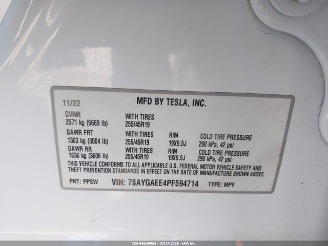44640953 :رقم المزاد ، 7SAYGAEE4PF594714 vin ، 2023 Tesla Model Y Awd/long Range Dual Motor All-wheel Drive مزاد بيع