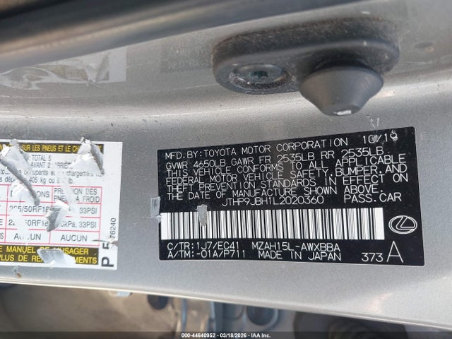 2020 Lexus Ux 250h მანქანა იყიდება აუქციონზე, vin: JTHP9JBH1L2020360, აუქციონის ნომერი: 44640952