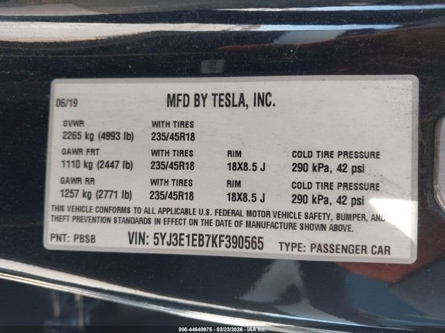 Aukcja sprzedaży 2019 Tesla Model 3 Long Range/performance, vin: 5YJ3E1EB7KF390565, numer aukcji: 44640975