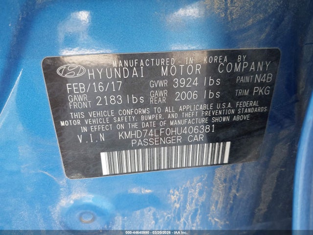 KMHD74LF0HU406381 Hyundai ELANTRA SE