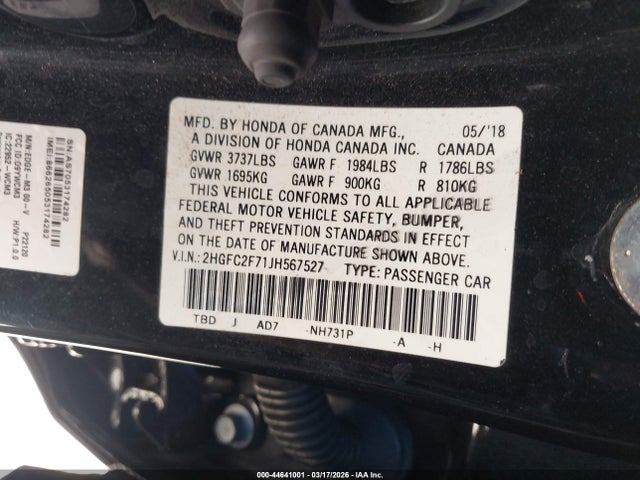 Honda CIVIC EX 2018 2HGFC2F71JH567527 Image 9