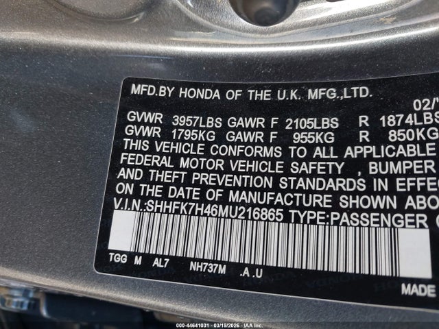 Aukcja sprzedaży 2021 Honda Civic Sport, vin: SHHFK7H46MU216865, numer aukcji: 44641031
