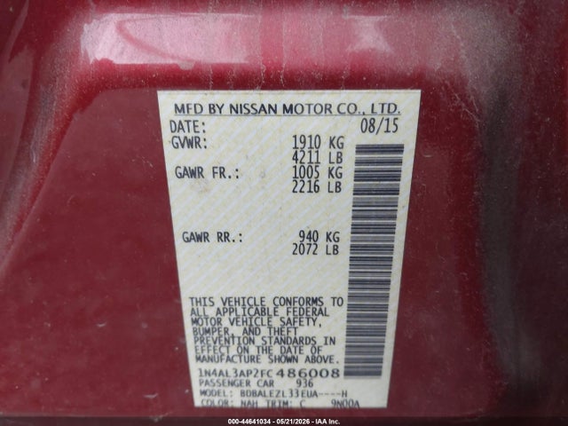 44641034 :رقم المزاد ، 1N4AL3AP2FC486008 vin ، 2015 Nissan Altima 2.5 S مزاد بيع