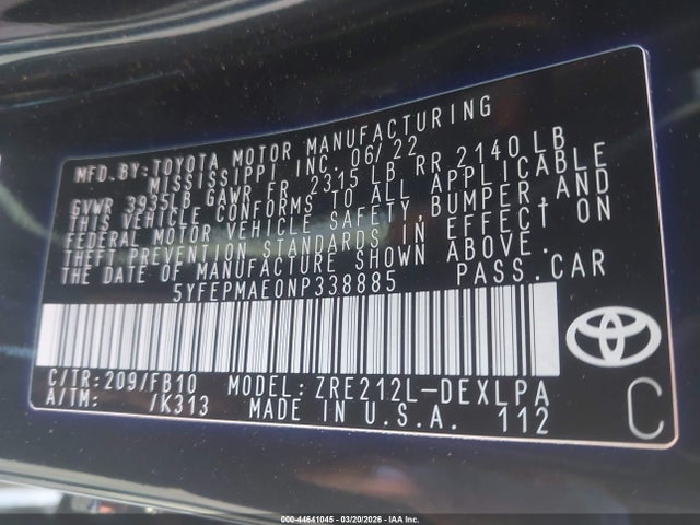 44641045 :رقم المزاد ، 5YFEPMAE0NP338885 vin ، 2022 Toyota Corolla Le مزاد بيع