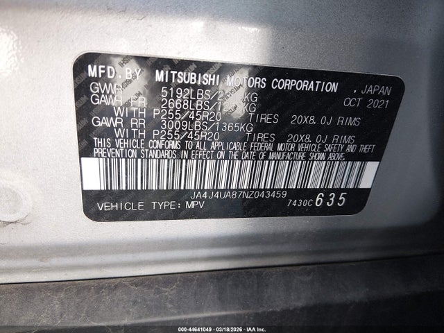 Aukcja sprzedaży 2022 Mitsubishi Outlander Black Edition S-awc/se 2.5 S-awc/se Launch Edition S-awc, vin: JA4J4UA87NZ043459, numer aukcji: 44641049