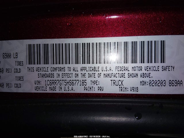 44641062 :رقم المزاد ، 1C6RR7GT5HS677185 vin ، 2017 Ram 1500 Slt  4x4 6'4 Box مزاد بيع