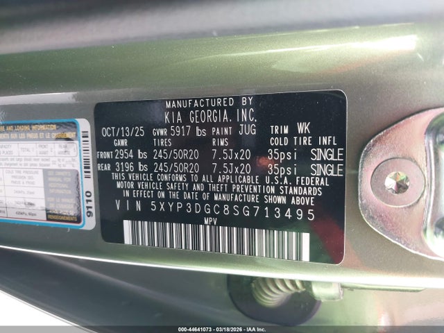 44641073 :رقم المزاد ، 5XYP3DGC8SG713495 vin ، 2025 Kia Telluride Ex X-line مزاد بيع