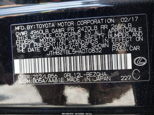 Aukcja sprzedaży 2017 Lexus Gs 350 F Sport, vin: JTHBZ1BL5HA010832, numer aukcji: 44641078