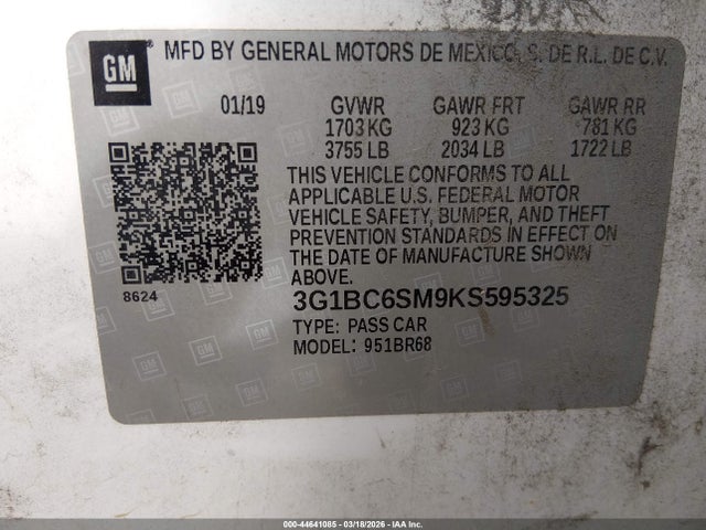 2019 Chevrolet Cruze Ls მანქანა იყიდება აუქციონზე, vin: 3G1BC6SM9KS595325, აუქციონის ნომერი: 44641085