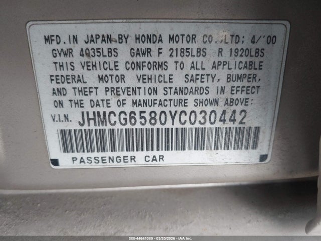 2000 Honda Accord 2.3 Ex მანქანა იყიდება აუქციონზე, vin: JHMCG6580YC030442, აუქციონის ნომერი: 44641089