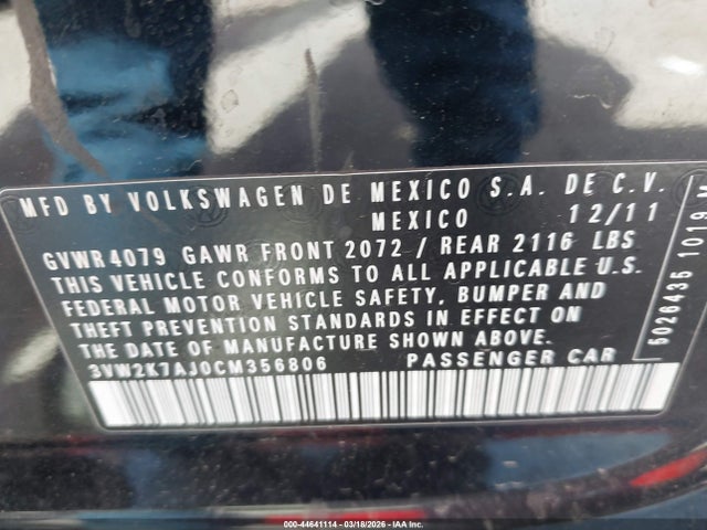 Продаж на аукціоні авто 2012 Volkswagen Jetta 2.0l S, vin: 3VW2K7AJ0CM356806, номер лоту: 44641114