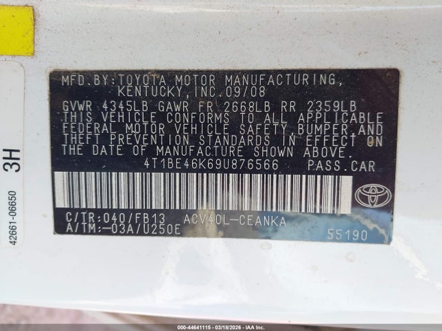 2009 Toyota Camry მანქანა იყიდება აუქციონზე, vin: 4T1BE46K69U876566, აუქციონის ნომერი: 44641115