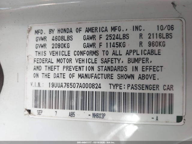 44641117 :رقم المزاد ، 19UUA76507A000824 vin ، 2007 Acura Tl Type S مزاد بيع