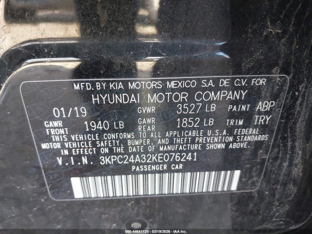 Aukcja sprzedaży 2019 Hyundai Accent Se, vin: 3KPC24A32KE076241, numer aukcji: 44641120