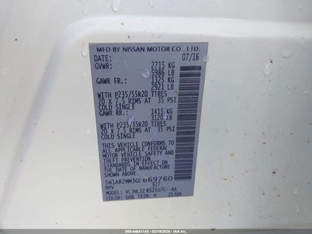 Продажа на аукционе авто 2016 Nissan Pathfinder Platinum, vin: 5N1AR2MM3GC669760, номер лота: 44641143