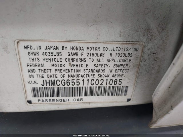 Продаж на аукціоні авто 2001 Honda Accord 2.3 Lx, vin: JHMCG65511C021065, номер лоту: 44641158