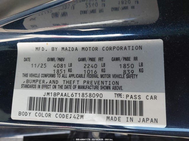 44641179 :رقم المزاد ، JM1BPAAL6T1858090 vin ، 2026 Mazda Mazda3 2.5 S مزاد بيع