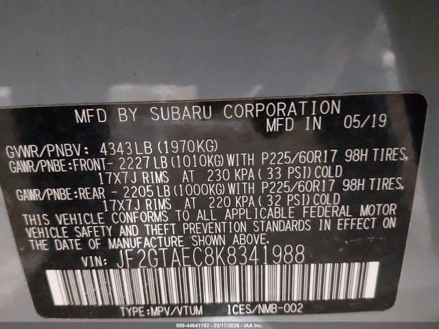 Продажа на аукционе авто 2019 Subaru Crosstrek 2.0i Premium, vin: JF2GTAEC8K8341988, номер лота: 44641192