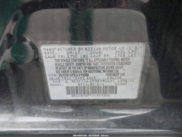 3N1CN7AP9JL819356 Nissan Versa 1.6 Sv