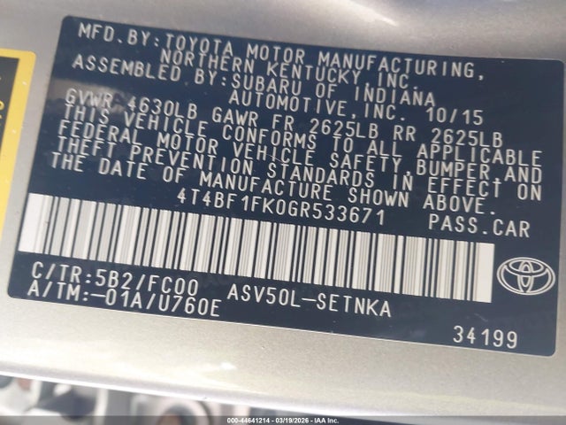 Toyota CAMRY LE 2016 4T4BF1FK0GR533671 Image 9