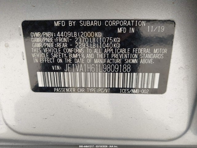 Продаж на аукціоні авто 2020 Subaru Wrx Limited, vin: JF1VA1H61L9809188, номер лоту: 44641217