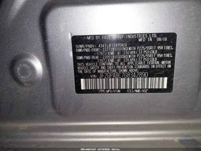 44641243 :رقم المزاد ، JF2GPABC7G8342890 vin ، 2016 Subaru Crosstrek 2.0i Premium مزاد بيع