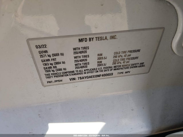 Продаж на аукціоні авто 2022 Tesla Model Y Long Range Dual Motor All-wheel Drive, vin: 7SAYGAEE0NF400659, номер лоту: 44641254