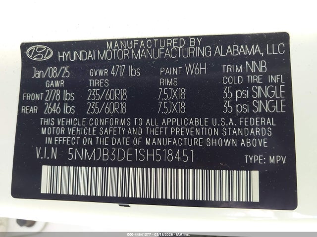2025 Hyundai Tucson Sel მანქანა იყიდება აუქციონზე, vin: 5NMJB3DE1SH518451, აუქციონის ნომერი: 44641277