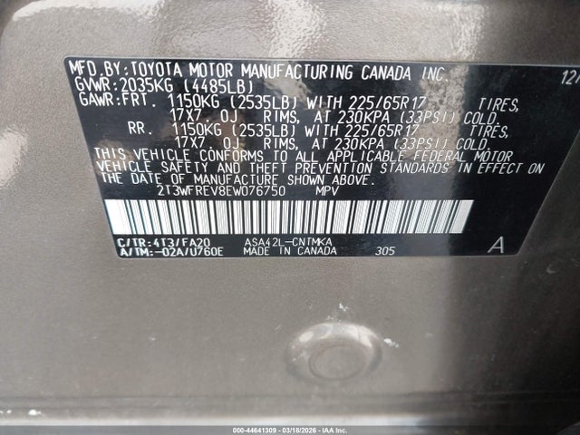 2T3WFREV8EW076750 Toyota Rav4 Xle