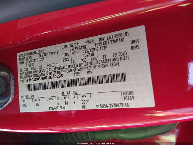 44641323 :رقم المزاد ، 1FMCU9GN8RUB60295 vin ، 2024 Ford Escape Active مزاد بيع