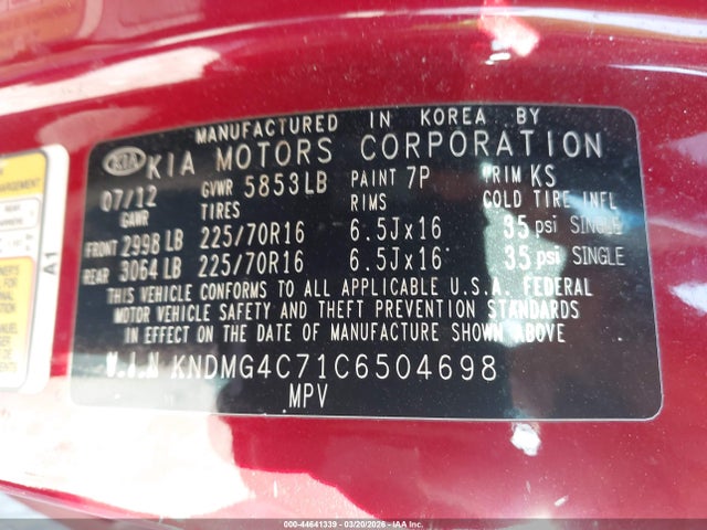 Продажа на аукционе авто 2012 Kia Sedona Lx, vin: KNDMG4C71C6504698, номер лота: 44641339