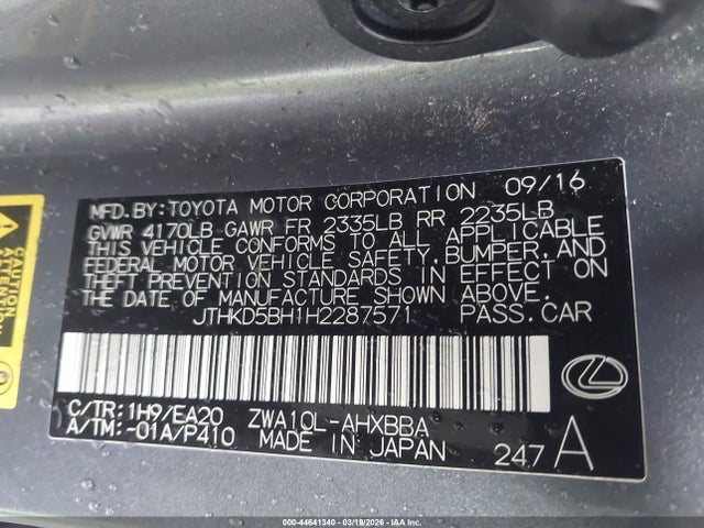Aukcja sprzedaży 2017 Lexus Ct Ct 200h F Sport, vin: JTHKD5BH1H2287571, numer aukcji: 44641340
