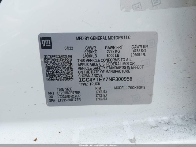 1GC4YTEY7NF300956 Chevrolet Silverado 3500hd 4wd Long Bed Lt