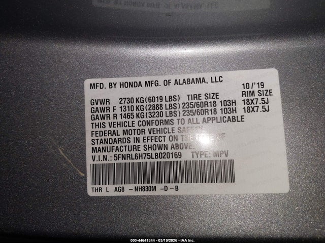 2020 Honda Odyssey Ex-l/ex-l W/navi   Res მანქანა იყიდება აუქციონზე, vin: 5FNRL6H75LB020169, აუქციონის ნომერი: 44641344